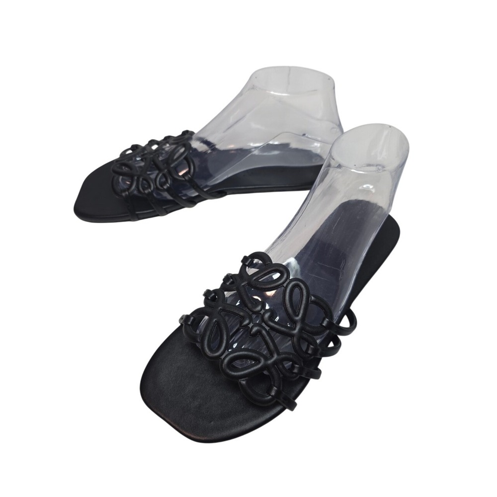 Loewe Black Leather Anagram Logo Flat Slide Sandals Square‎ Toe Made in Italy 40